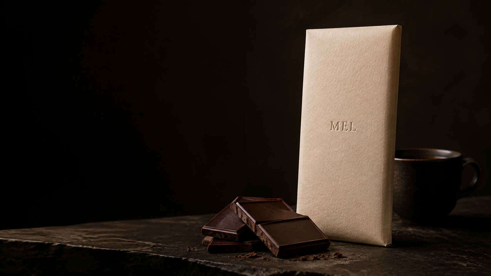 MEL packaging concept with dark chocolate and an espresso cup in warm evening light.